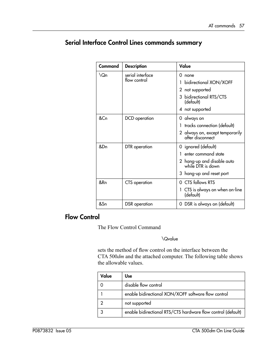 Serial interface control lines commands summary, Flow control, Set the ßow control using the | Command | Nortel Networks CTA 500dm User Manual | Page 57 / 86