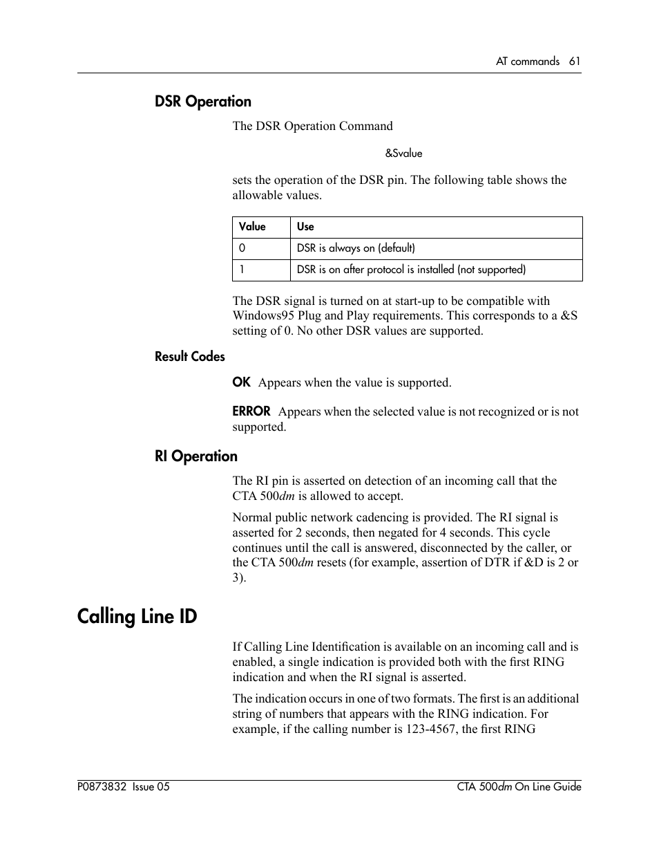 Dsr operation, Ri operation, Calling line id | Nortel Networks CTA 500dm User Manual | Page 61 / 86