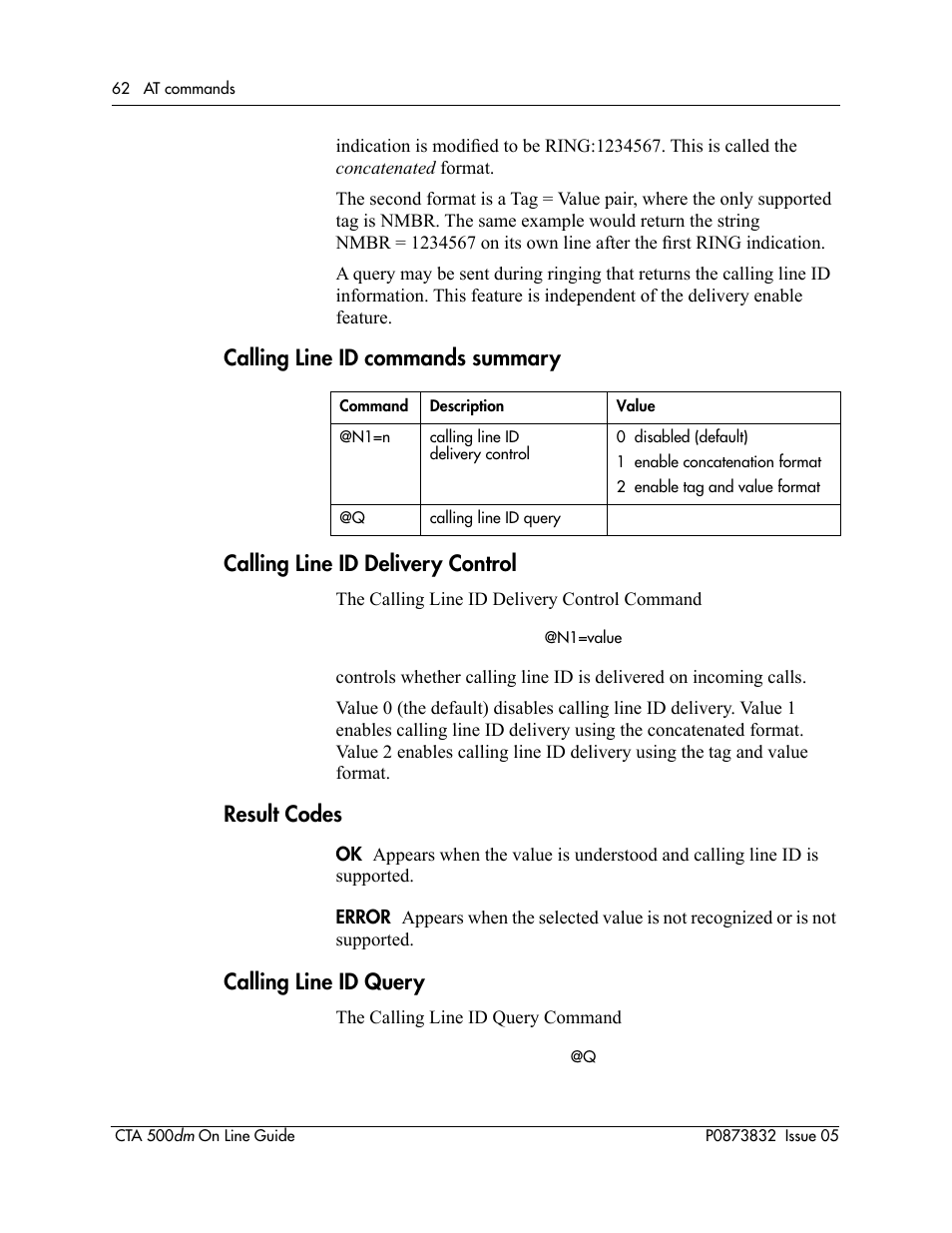 Calling line id commands summary, Calling line id delivery control, Calling line id query | Result codes | Nortel Networks CTA 500dm User Manual | Page 62 / 86