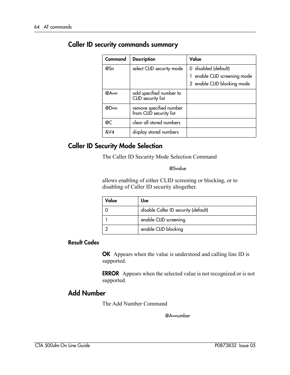 Caller id security commands summary, Caller id security mode selection, Add number | Nortel Networks CTA 500dm User Manual | Page 64 / 86