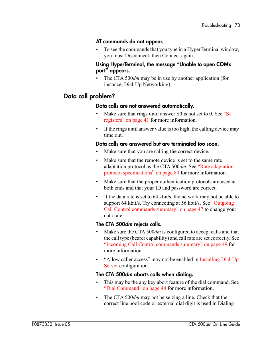 Data call problem | Nortel Networks CTA 500dm User Manual | Page 73 / 86