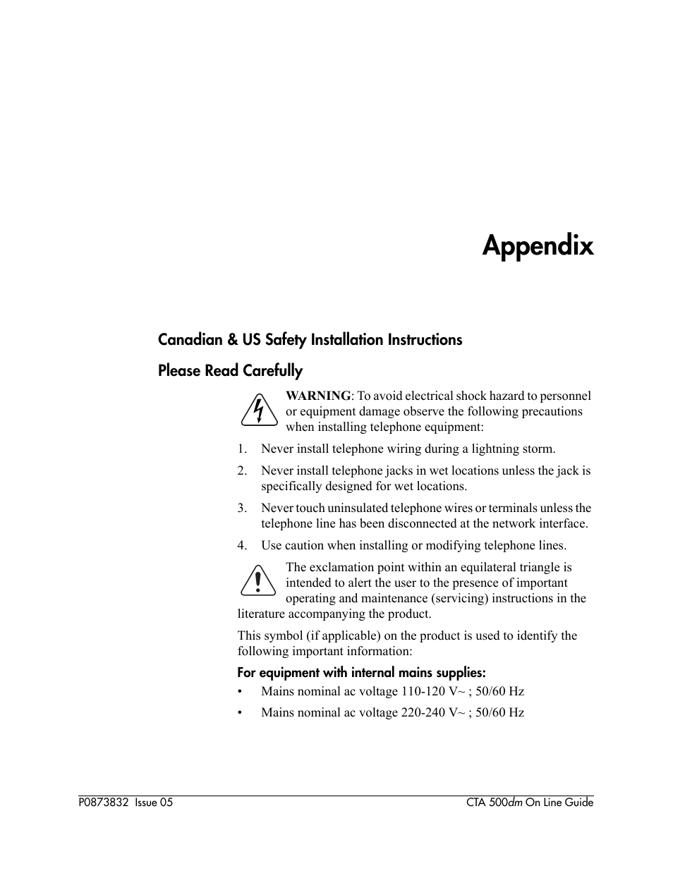 Appendix, Canadian & us safety installation instructions, For a list of the | Nortel Networks CTA 500dm User Manual | Page 75 / 86