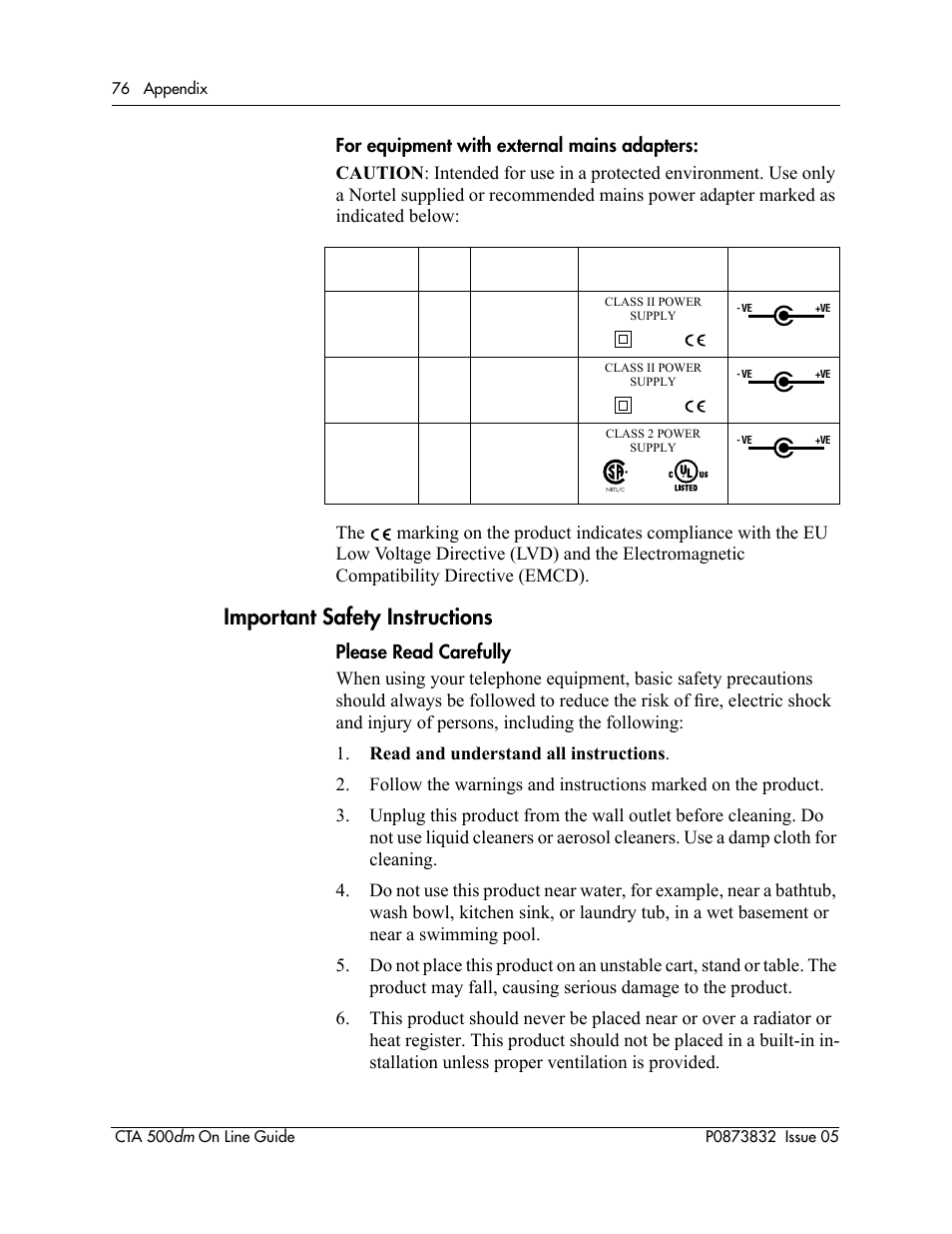 Important safety instructions | Nortel Networks CTA 500dm User Manual | Page 76 / 86