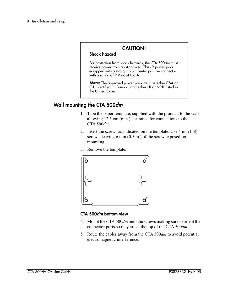 Wall mounting the cta 500dm, Wall mounting the cta 500, Caution | Nortel Networks CTA 500dm User Manual | Page 8 / 86