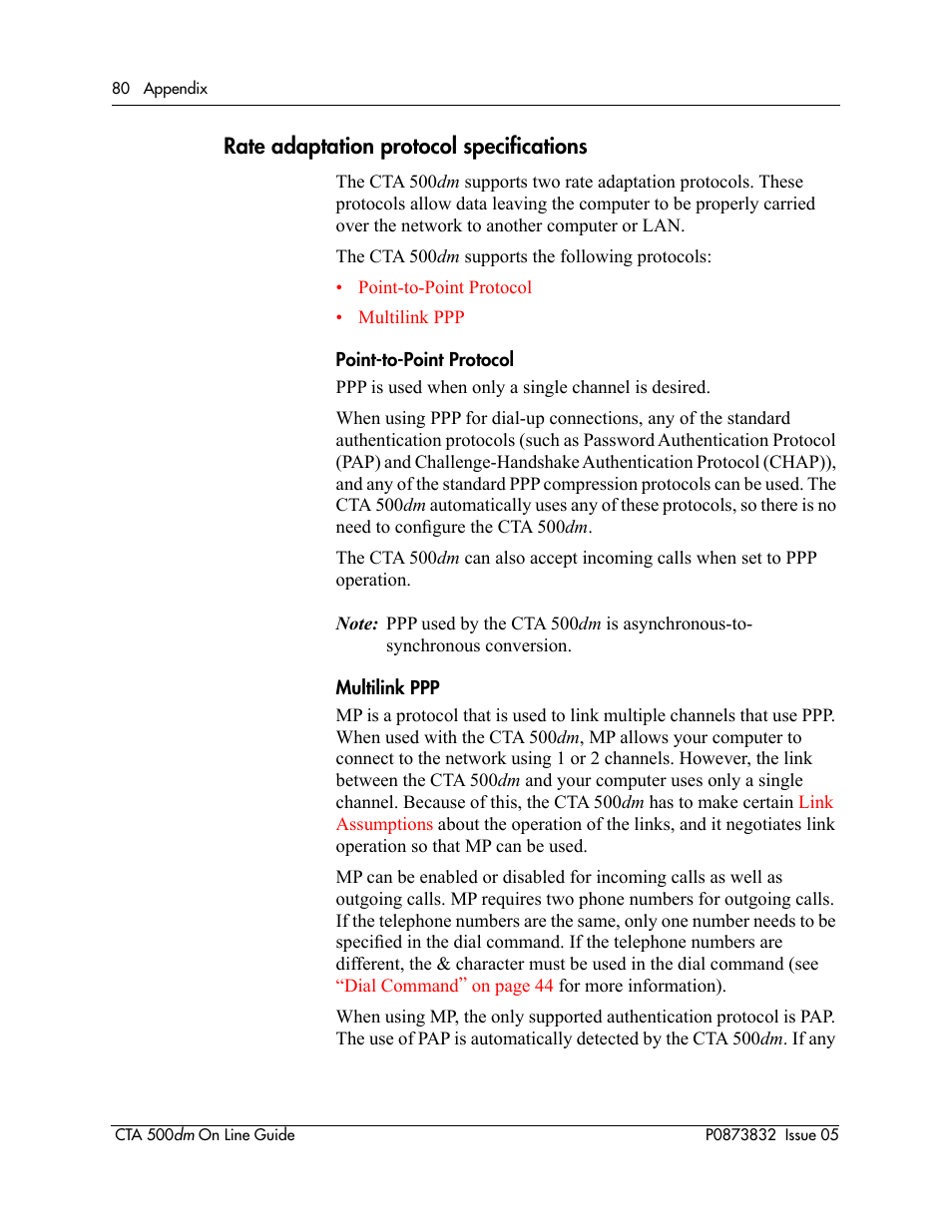 Rate adaptation protocol specifications, Dial-up capability and uses, Point-to-point protocol | Supports, Multilink ppp, Òrate adaptation, The same rate adaptation protocol. see, Òrate adaptation protocol | Nortel Networks CTA 500dm User Manual | Page 80 / 86