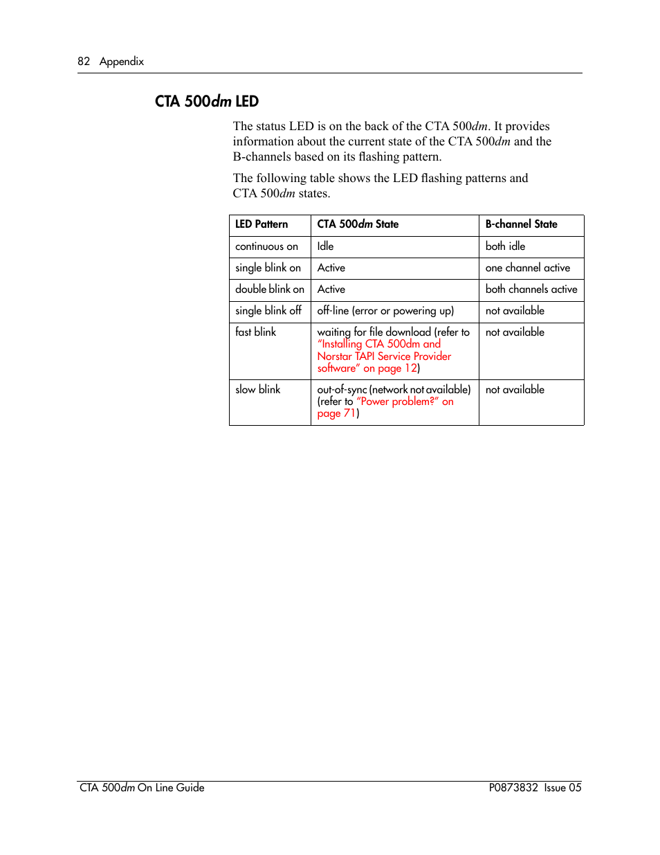 Cta500dm led, Check that the led is on. see, Cta 500 | Nortel Networks CTA 500dm User Manual | Page 82 / 86