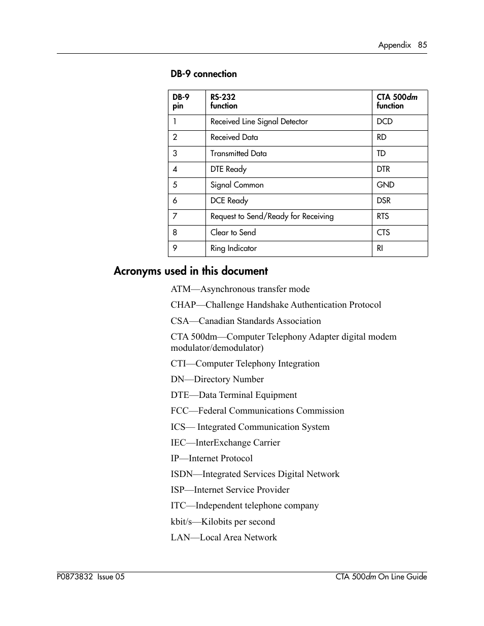 Acronyms used in this document | Nortel Networks CTA 500dm User Manual | Page 85 / 86