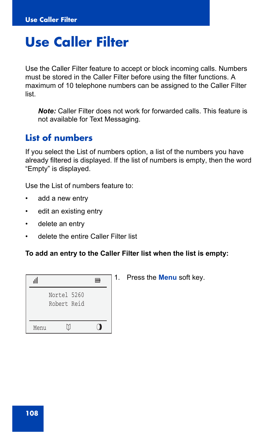 Use caller filter, List of numbers | Nortel Networks 4060 User Manual | Page 108 / 174