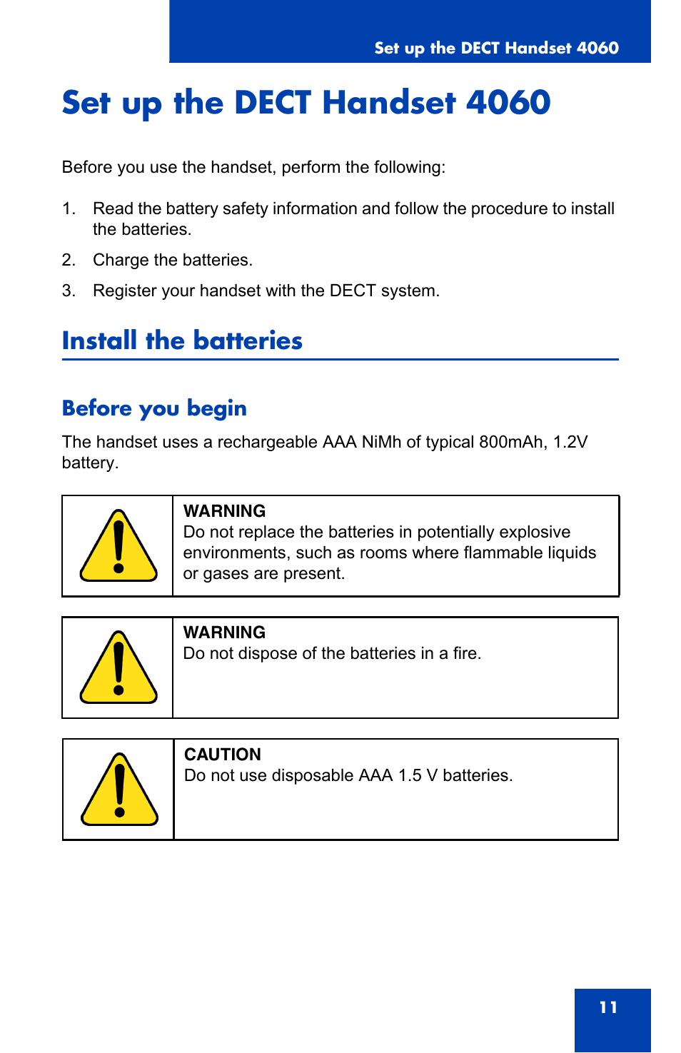 Set up the dect handset 4060, Install the batteries, Before you begin | Nortel Networks 4060 User Manual | Page 11 / 174