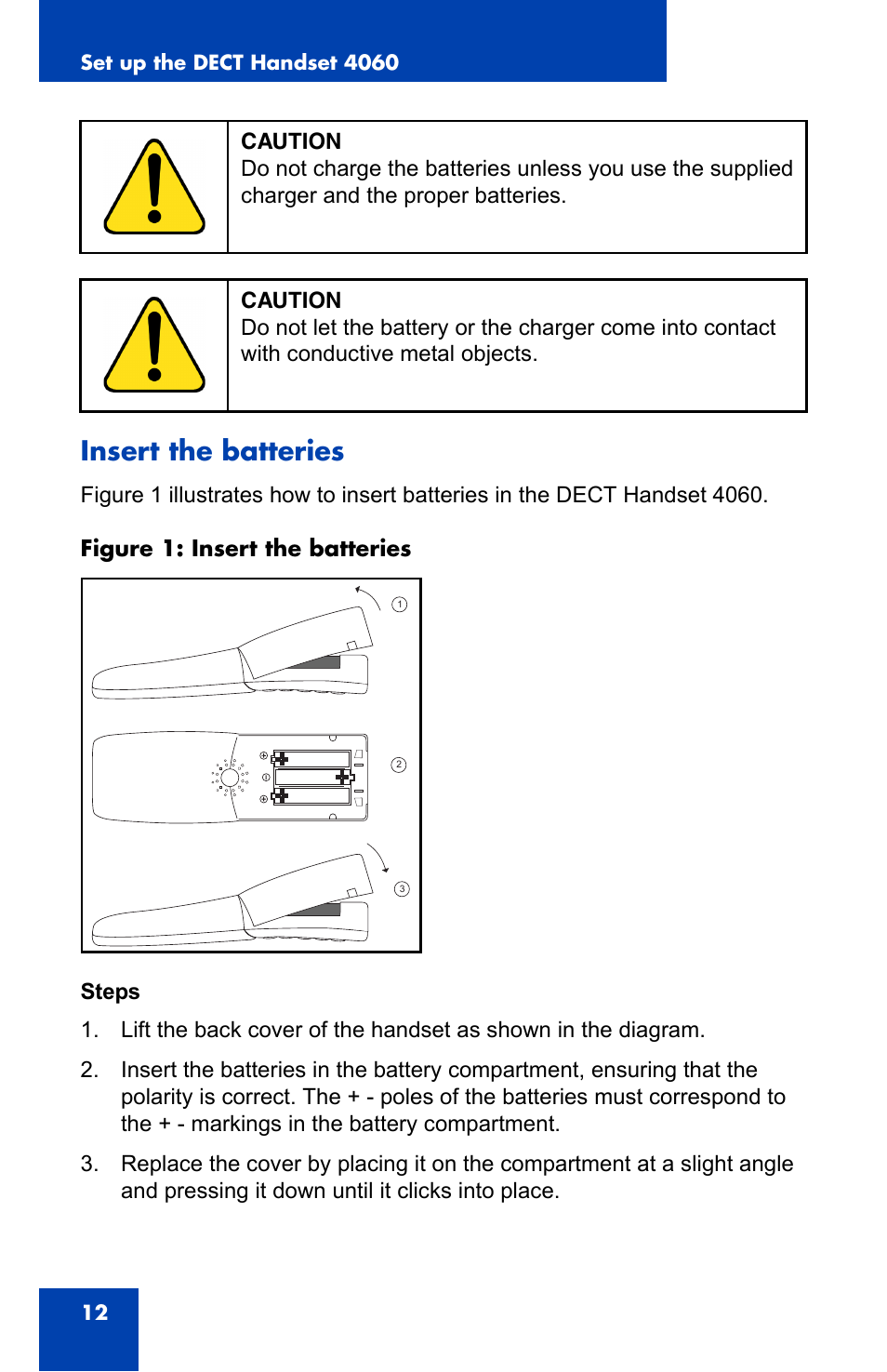 Insert the batteries | Nortel Networks 4060 User Manual | Page 12 / 174