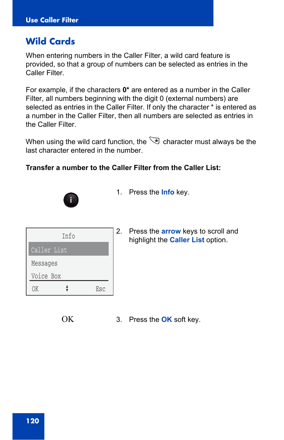 Wild cards, Caller list info messages voice box ok a esc | Nortel Networks 4060 User Manual | Page 120 / 174