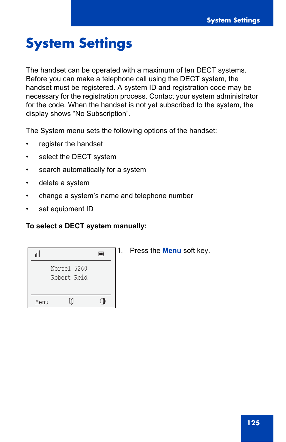 System settings | Nortel Networks 4060 User Manual | Page 125 / 174