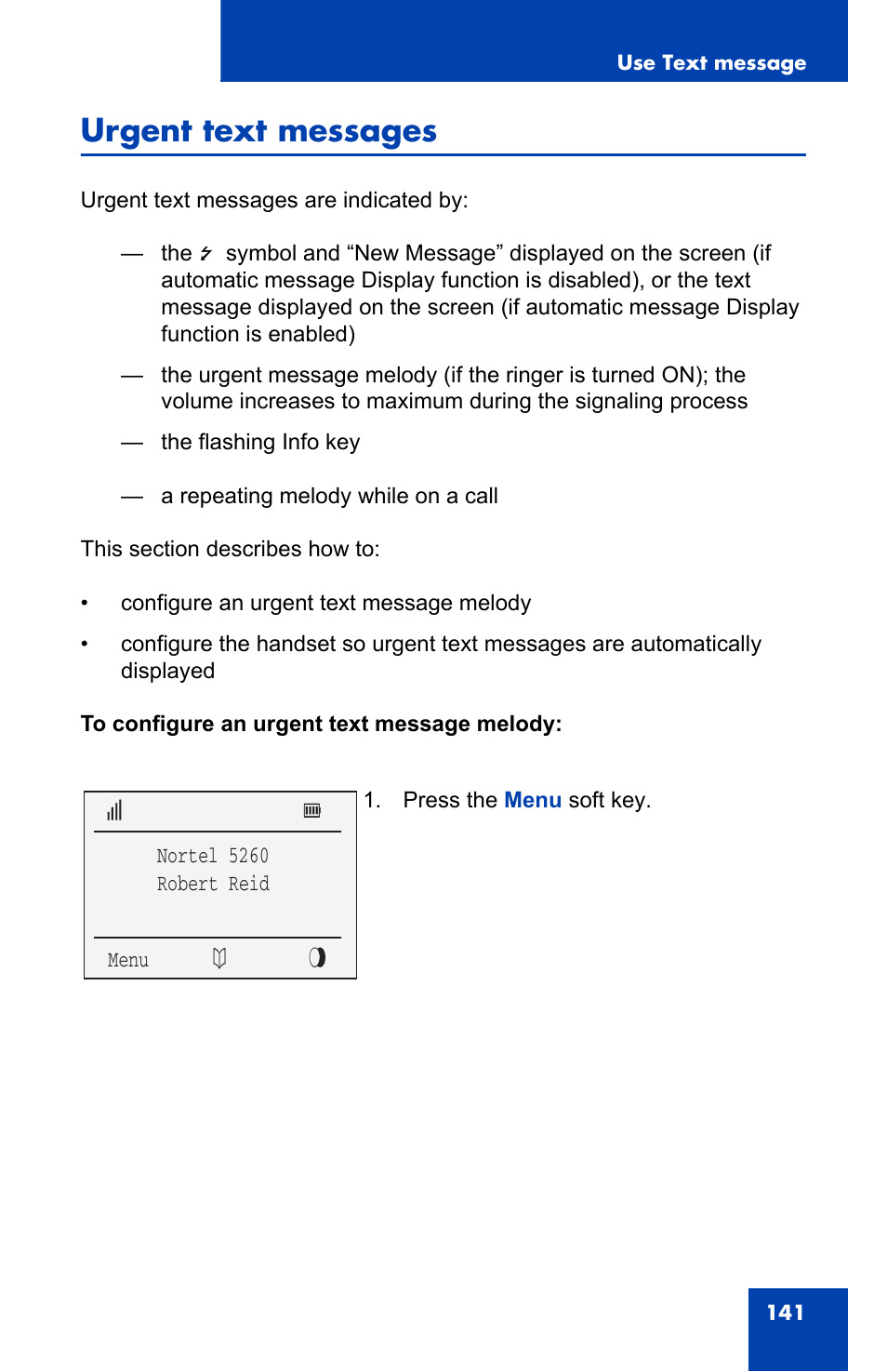 Urgent text messages | Nortel Networks 4060 User Manual | Page 141 / 174