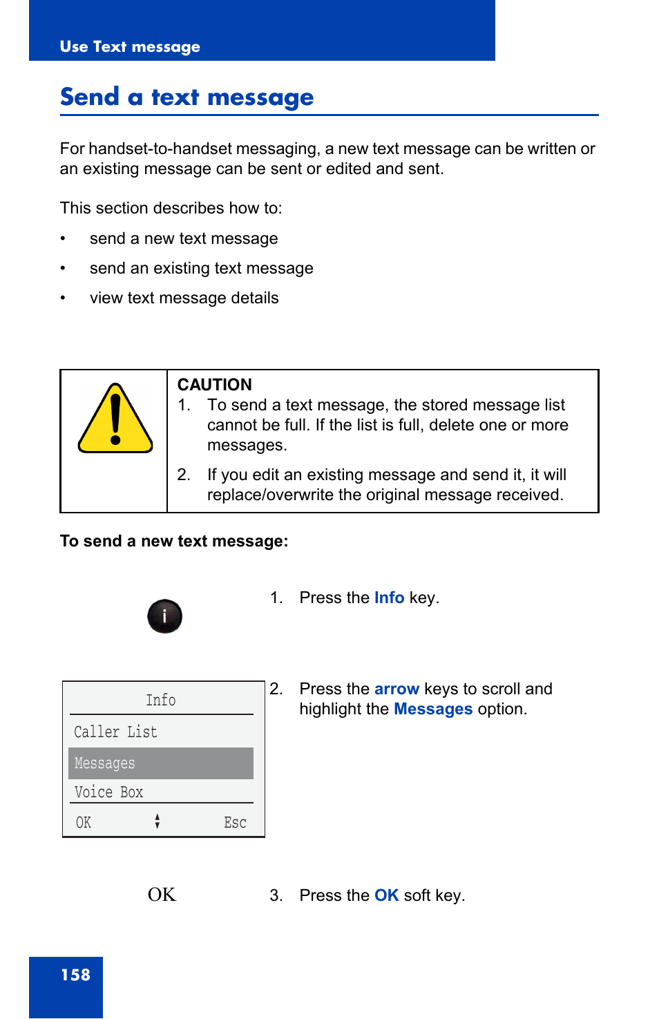 Send a text message, Caller list info messages voice box ok a esc | Nortel Networks 4060 User Manual | Page 158 / 174
