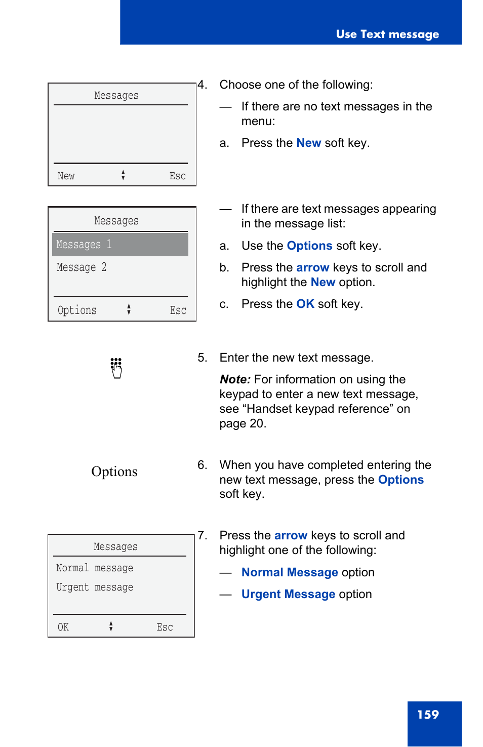 Options, Messages 1 messages message 2 options a esc | Nortel Networks 4060 User Manual | Page 159 / 174
