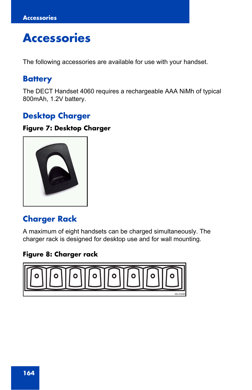 Accessories, Battery, Desktop charger | Charger rack, Battery desktop charger charger rack | Nortel Networks 4060 User Manual | Page 164 / 174