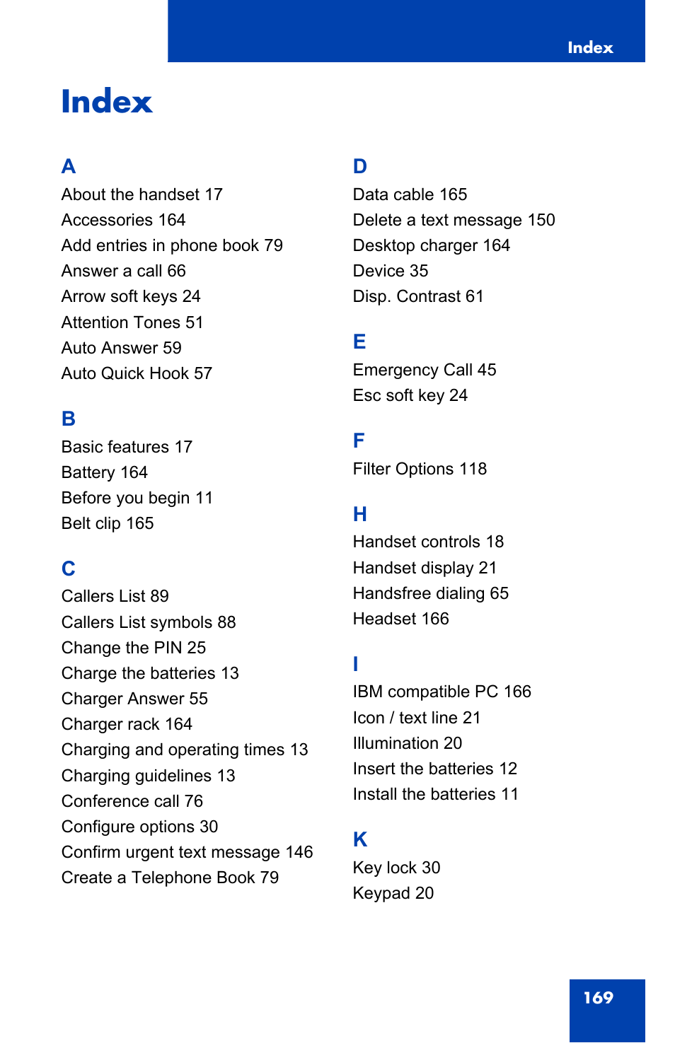 Index | Nortel Networks 4060 User Manual | Page 169 / 174