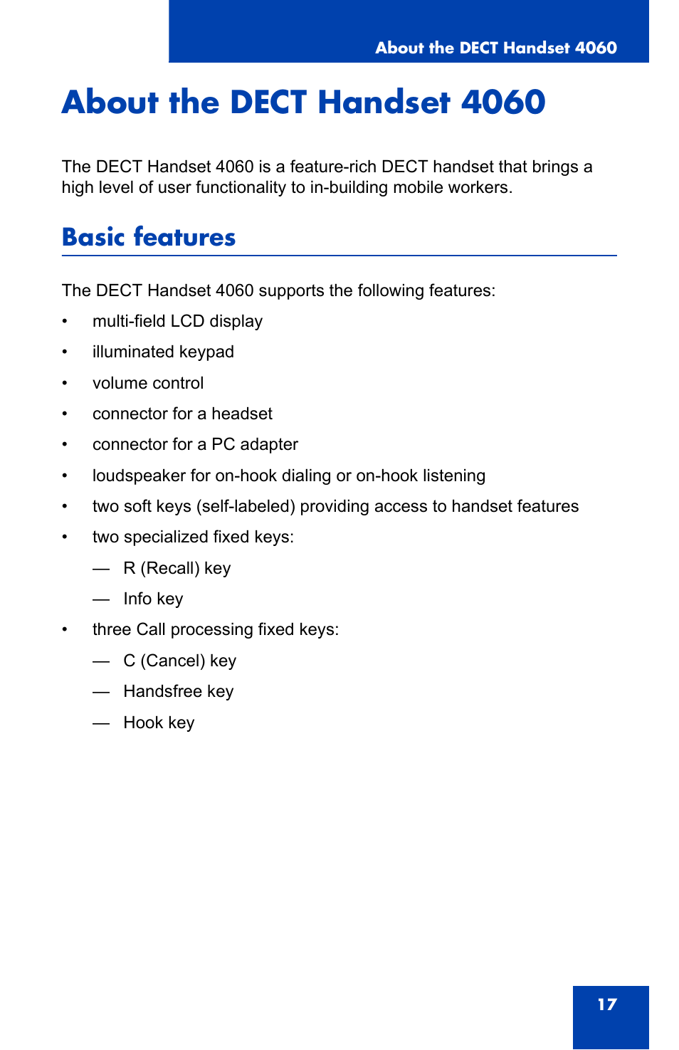 About the dect handset 4060, Basic features | Nortel Networks 4060 User Manual | Page 17 / 174