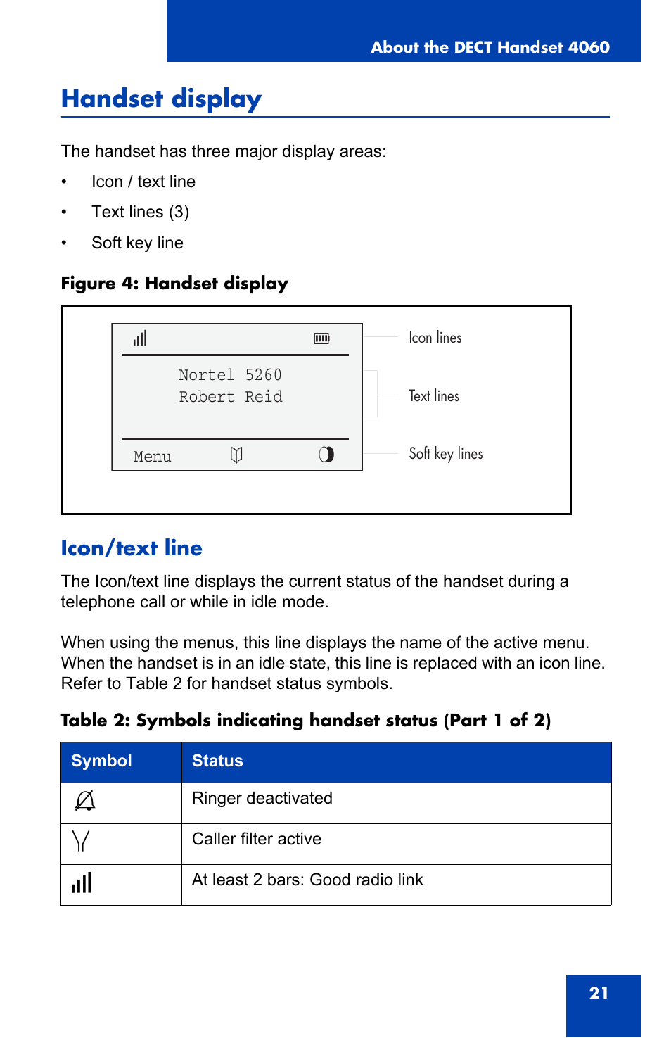 Handset display, Icon/text line | Nortel Networks 4060 User Manual | Page 21 / 174
