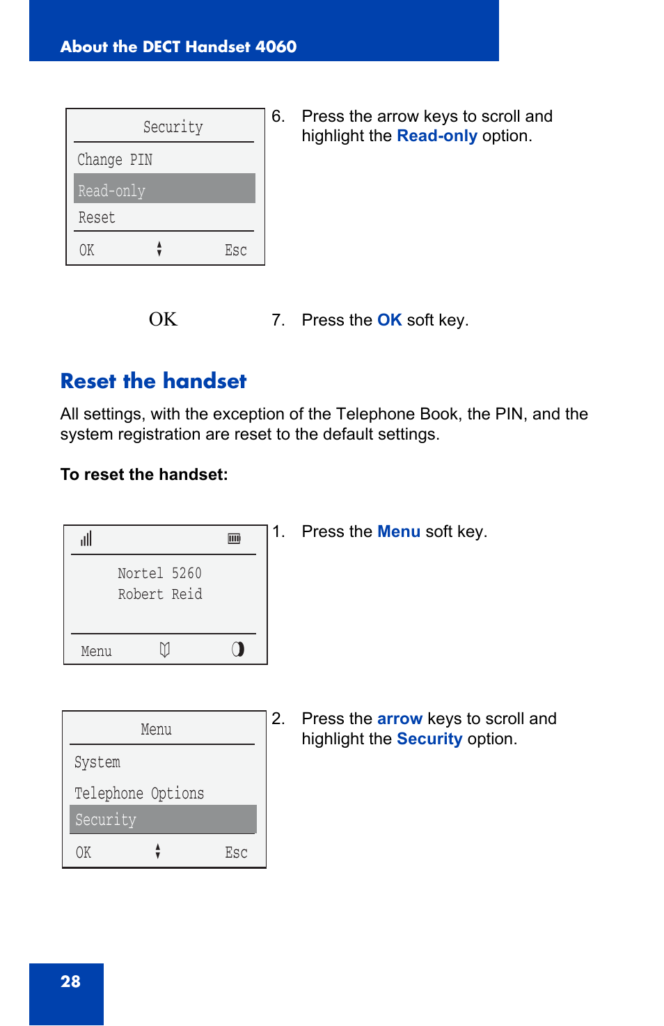 Reset the handset | Nortel Networks 4060 User Manual | Page 28 / 174