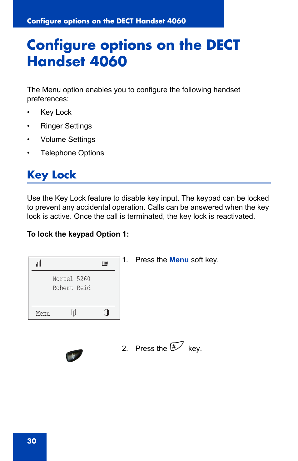 Configure options on the dect handset 4060, Key lock | Nortel Networks 4060 User Manual | Page 30 / 174