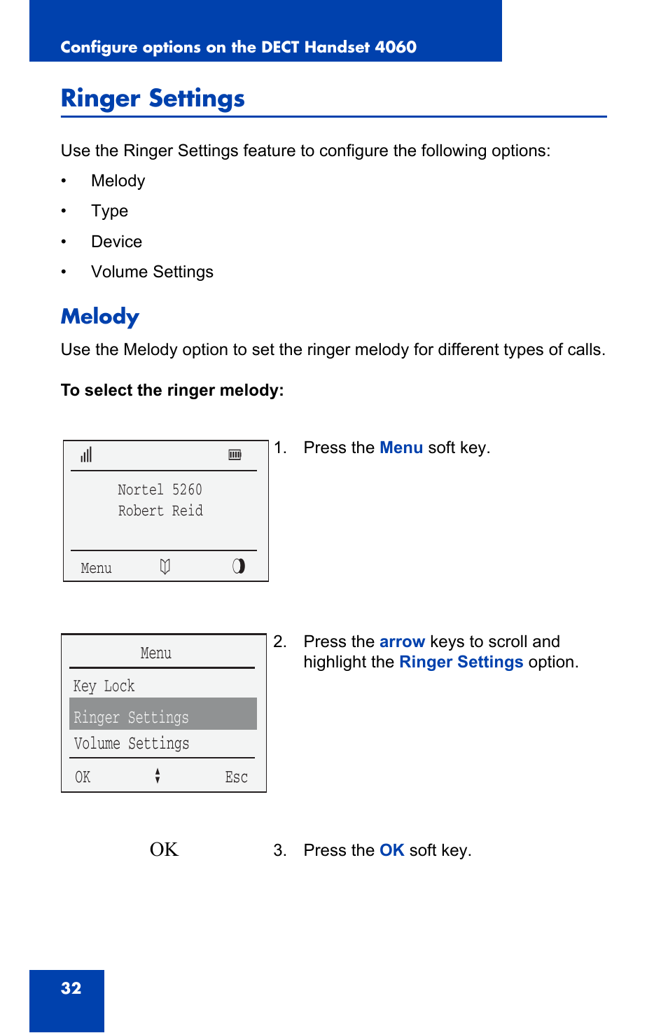 Ringer settings, Melody | Nortel Networks 4060 User Manual | Page 32 / 174