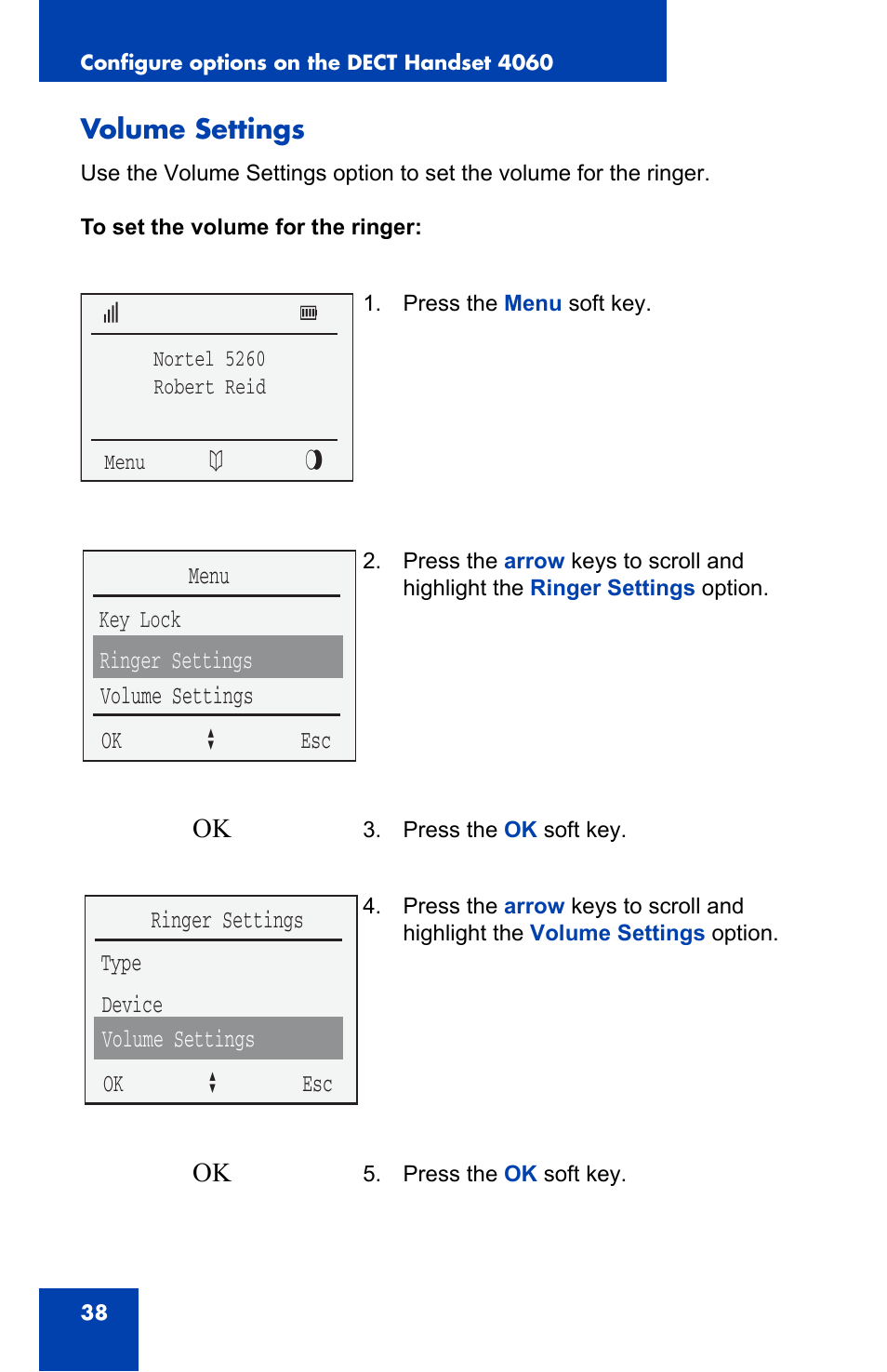 Volume settings | Nortel Networks 4060 User Manual | Page 38 / 174