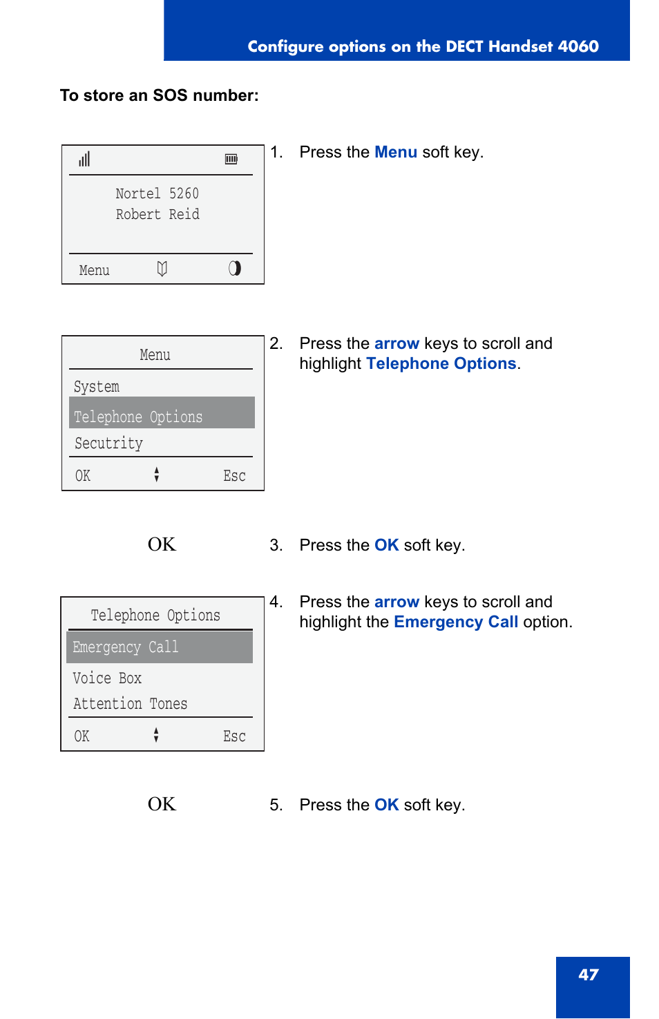 System menu telephone options secutrity ok a esc | Nortel Networks 4060 User Manual | Page 47 / 174