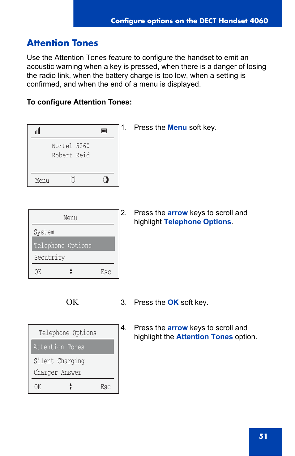 Attention tones | Nortel Networks 4060 User Manual | Page 51 / 174
