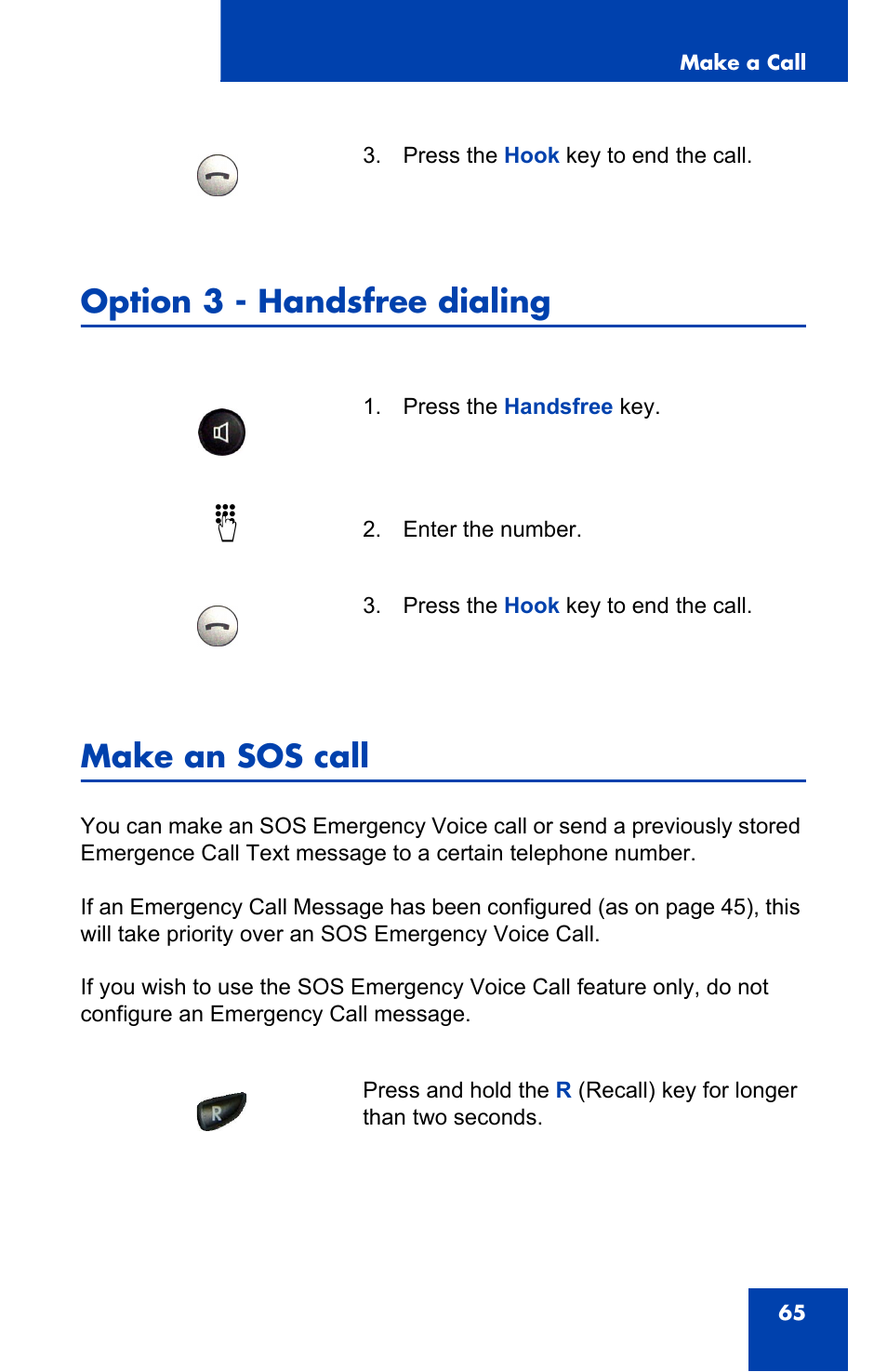 Option 3 - handsfree dialing, Make an sos call, Option 3 - handsfree dialing make an sos call | Nortel Networks 4060 User Manual | Page 65 / 174