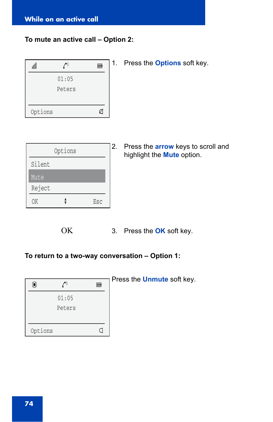 Silent options mute reject ok a esc | Nortel Networks 4060 User Manual | Page 74 / 174