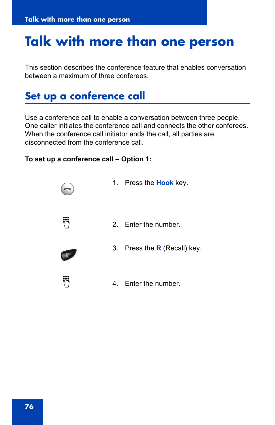 Talk with more than one person, Set up a conference call | Nortel Networks 4060 User Manual | Page 76 / 174
