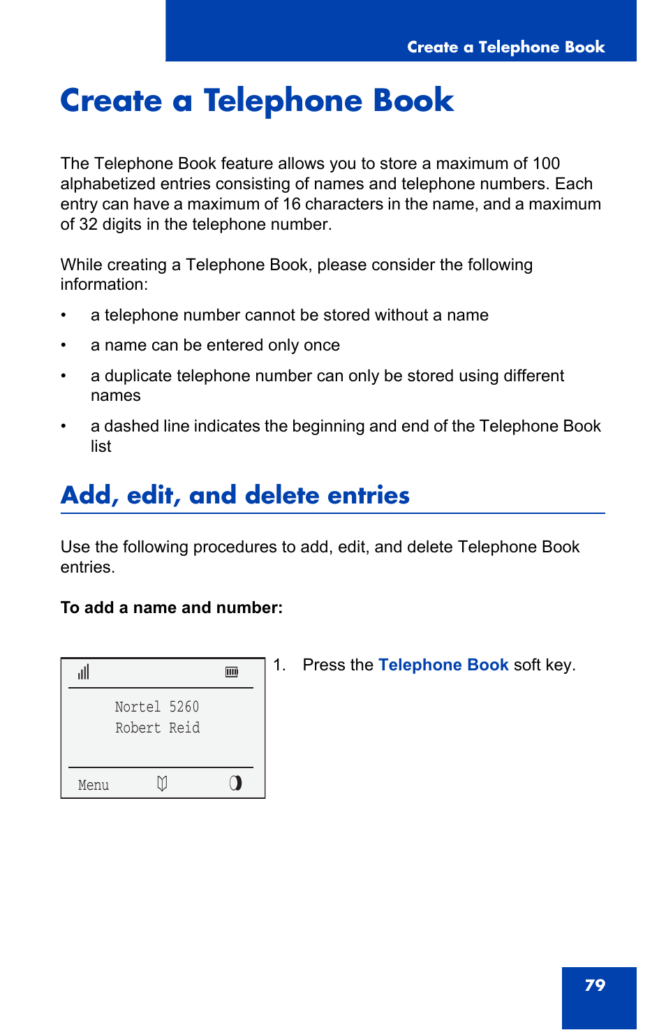 Create a telephone book, Add, edit, and delete entries | Nortel Networks 4060 User Manual | Page 79 / 174