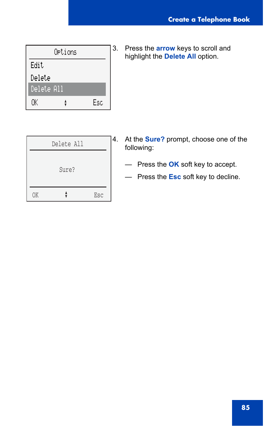 Delete all sure? ok a esc | Nortel Networks 4060 User Manual | Page 85 / 174