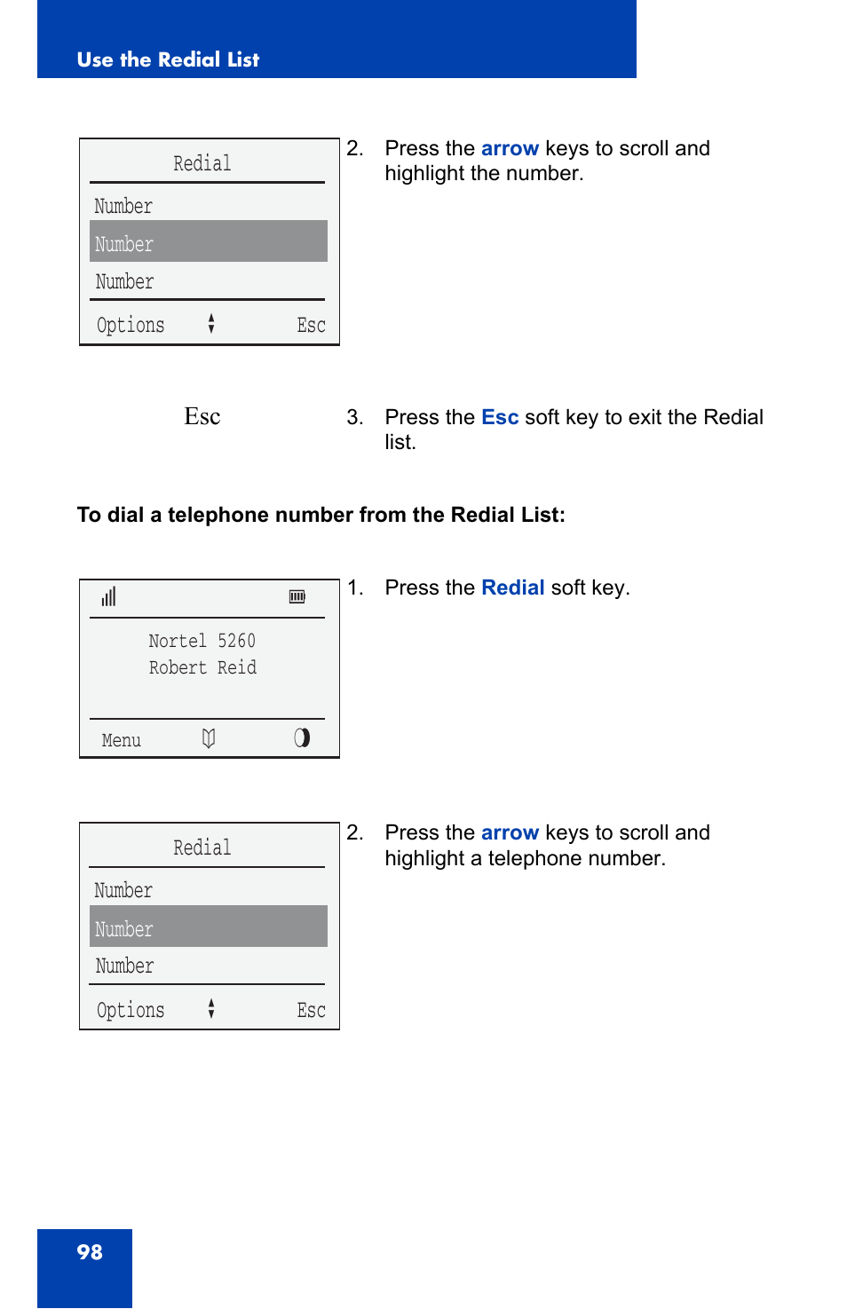 Number redial number number options a esc | Nortel Networks 4060 User Manual | Page 98 / 174