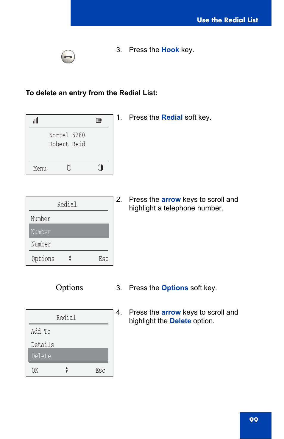 Number redial number number options a esc | Nortel Networks 4060 User Manual | Page 99 / 174