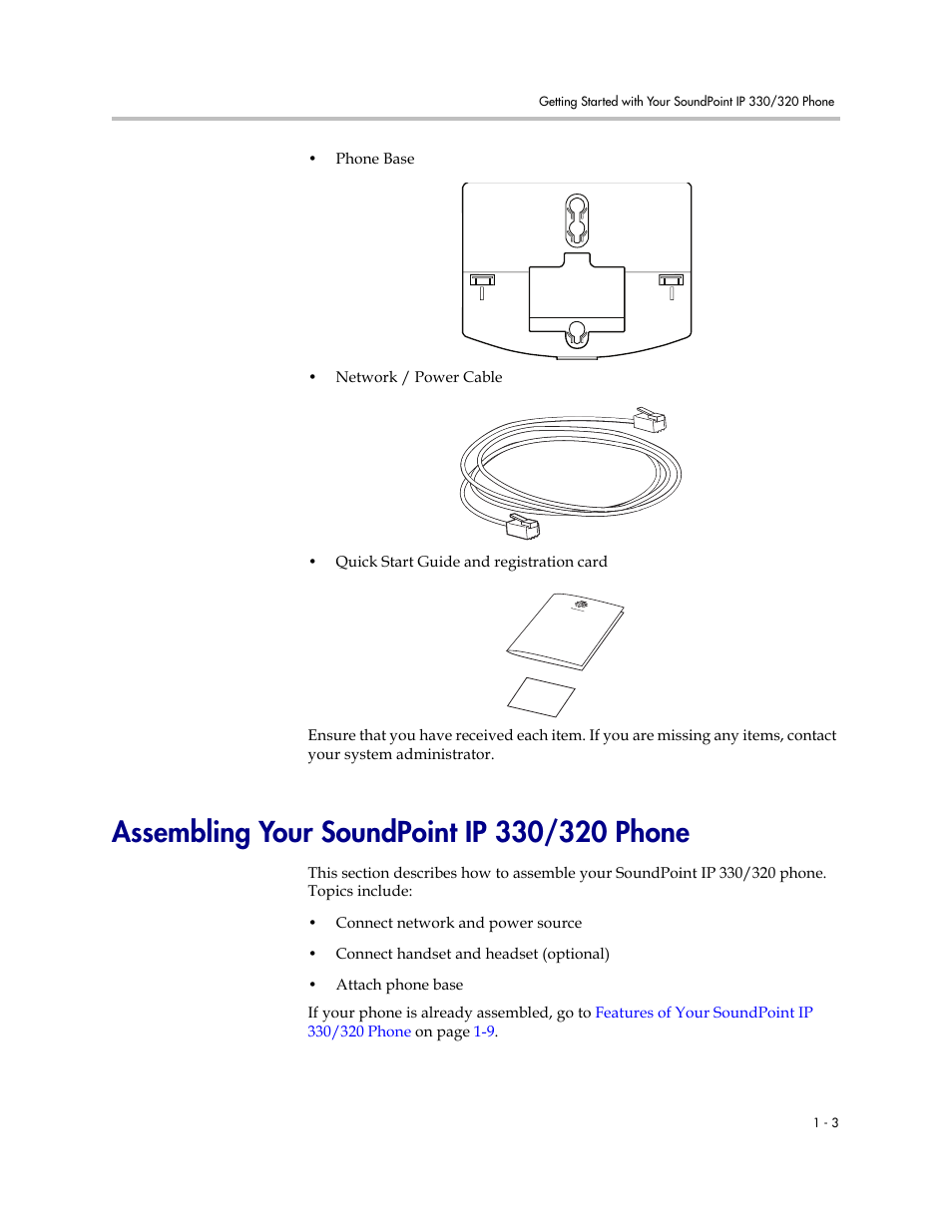 Assembling your soundpoint ip 330/320 phone, Assembling your soundpoint ip 330/320 phone –3 | Nortel Networks 330 User Manual | Page 11 / 86