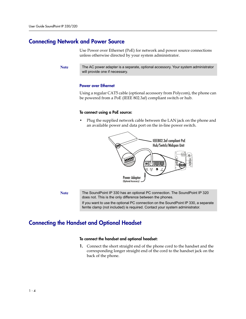 Connecting network and power source, Connecting the handset and optional headset | Nortel Networks 330 User Manual | Page 12 / 86