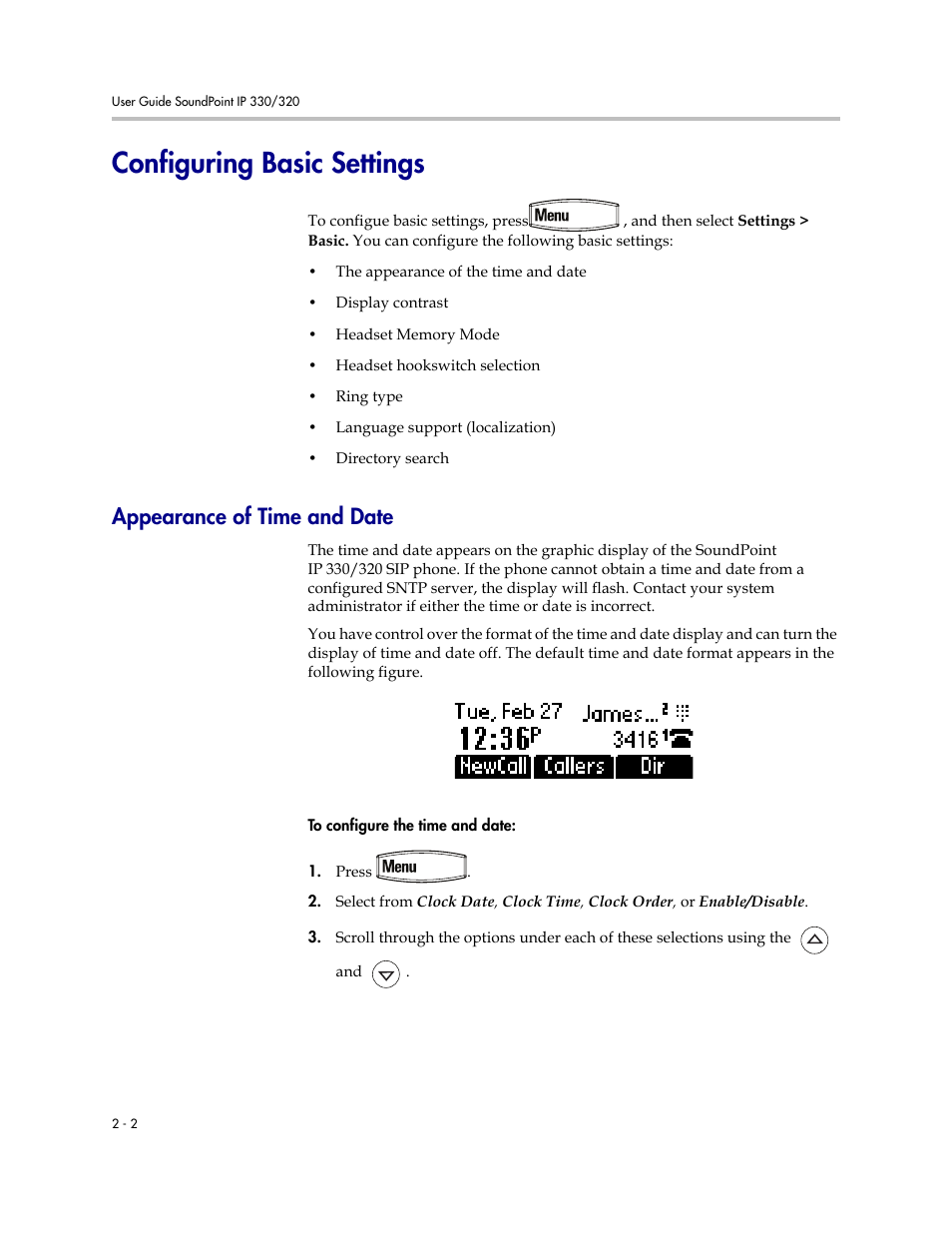 Configuring basic settings, Appearance of time and date, Configuring basic settings –2 | Appearance of time and date –2 | Nortel Networks 330 User Manual | Page 24 / 86