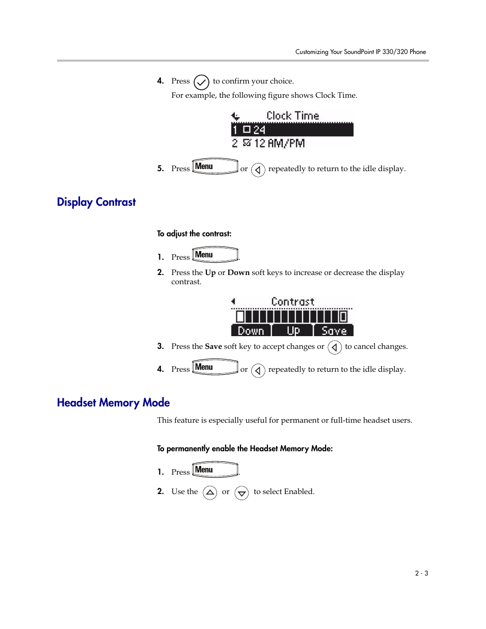 Display contrast, Headset memory mode, Display contrast –3 headset memory mode –3 | Nortel Networks 330 User Manual | Page 25 / 86