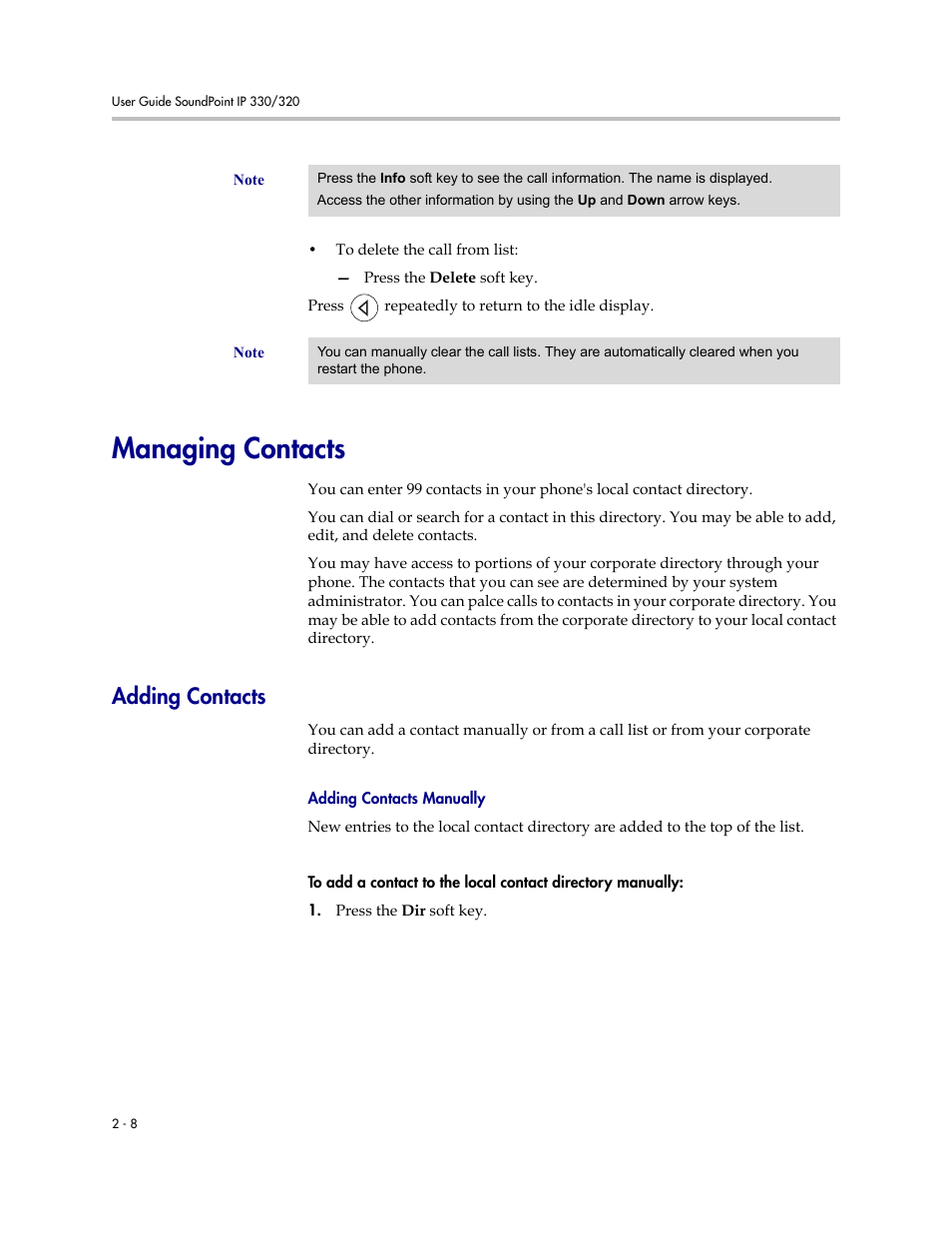 Managing contacts, Adding contacts, Managing contacts –8 | Adding contacts –8 | Nortel Networks 330 User Manual | Page 30 / 86