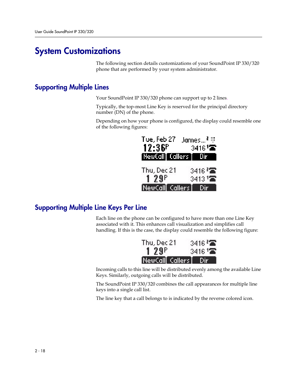 System customizations, Supporting multiple lines, Supporting multiple line keys per line | System customizations –18 | Nortel Networks 330 User Manual | Page 40 / 86