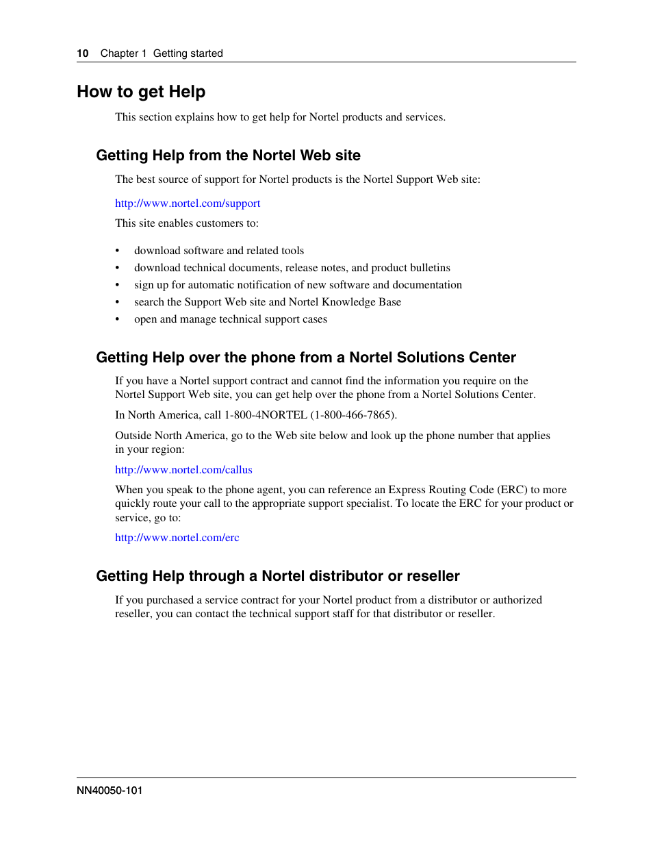 How to get help, Getting help from the nortel web site | Nortel Networks 2212 User Manual | Page 10 / 61