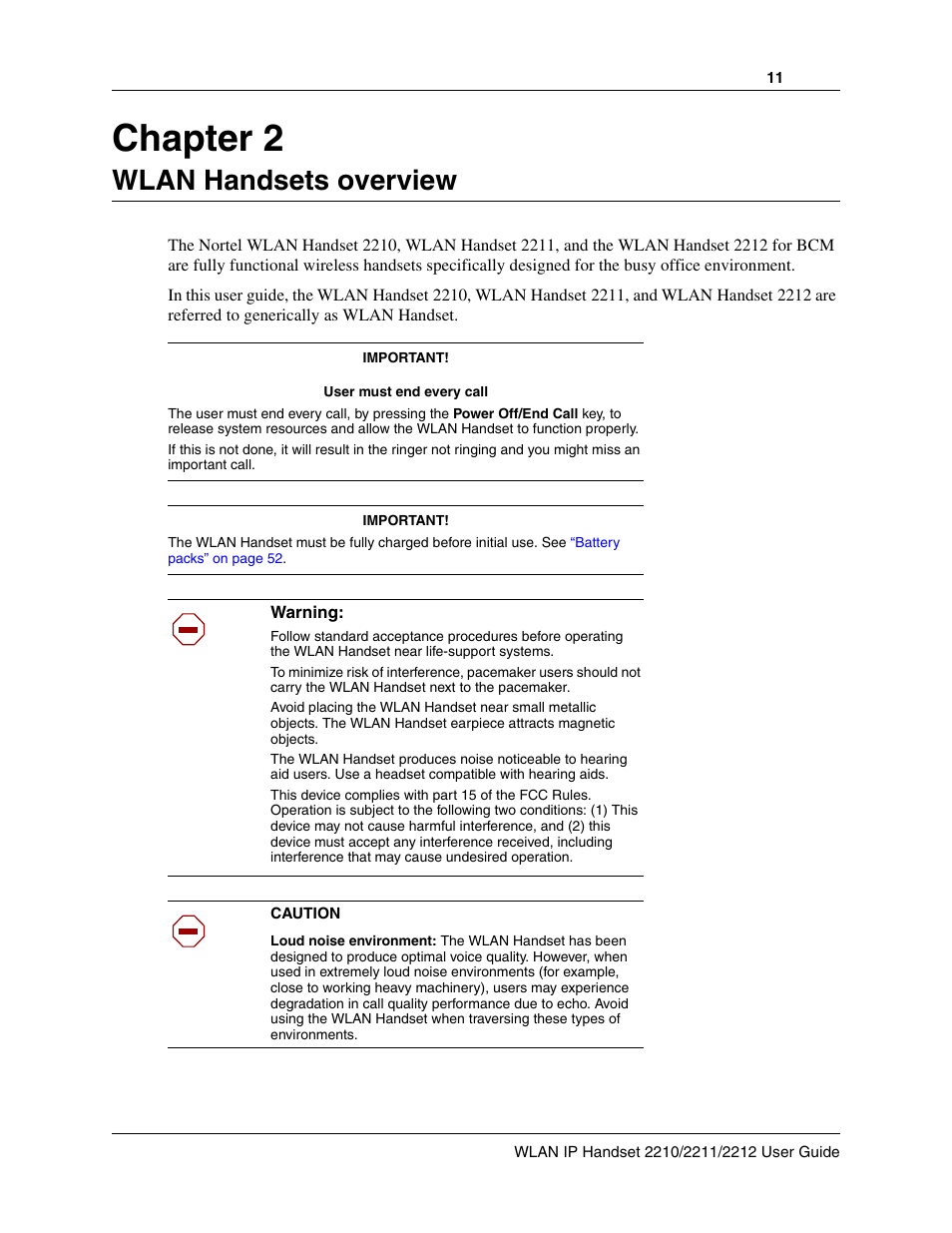 Wlan handsets overview, Chapter 2 wlan handsets overview, Chapter 2 | Nortel Networks 2212 User Manual | Page 11 / 61
