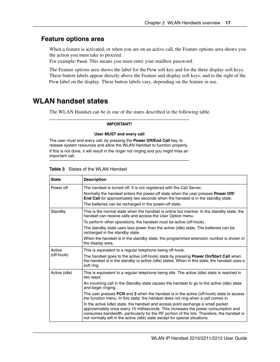 Feature options area, Wlan handset states | Nortel Networks 2212 User Manual | Page 17 / 61