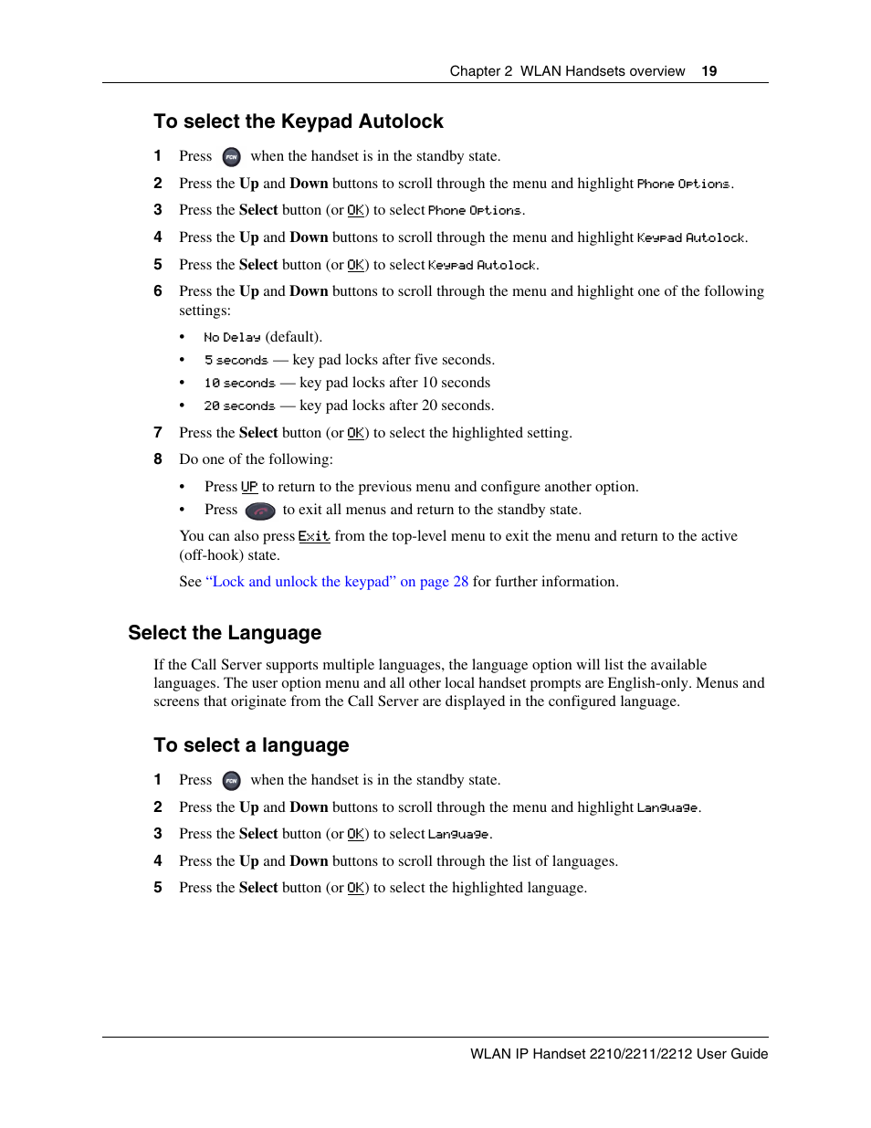 Select the language, To select the keypad autolock to select a language | Nortel Networks 2212 User Manual | Page 19 / 61