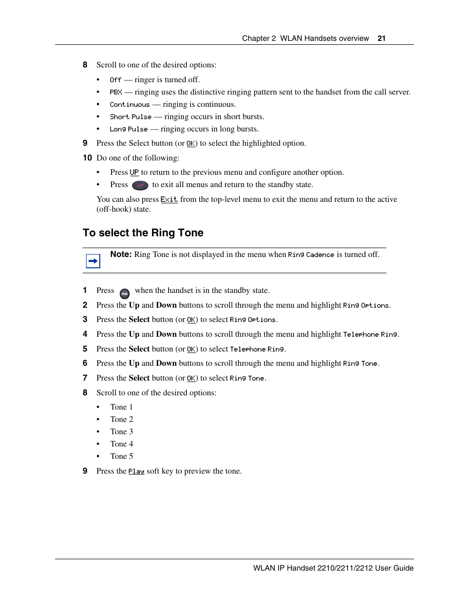 To select the ring tone | Nortel Networks 2212 User Manual | Page 21 / 61