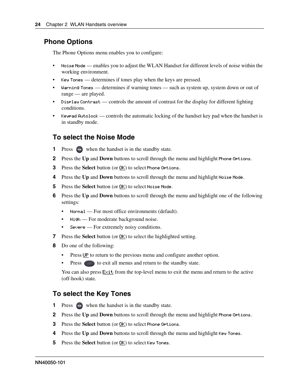 Phone options, To select the noise mode to select the key tones | Nortel Networks 2212 User Manual | Page 24 / 61