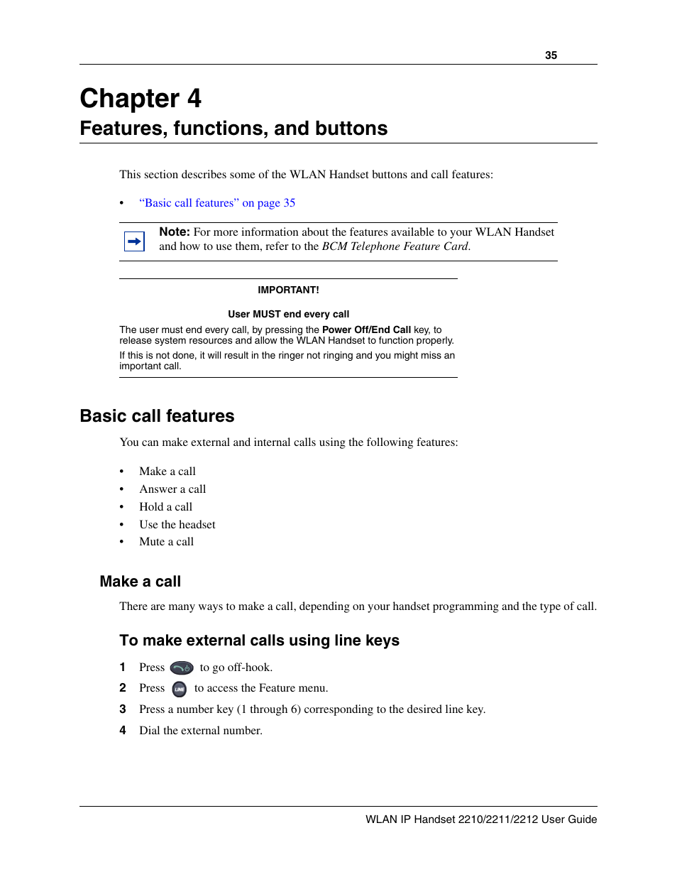 Features, functions, and buttons, Basic call features, Make a call | To make external calls using line keys, Chapter 4 features, functions, and buttons, Chapter 4 | Nortel Networks 2212 User Manual | Page 35 / 61