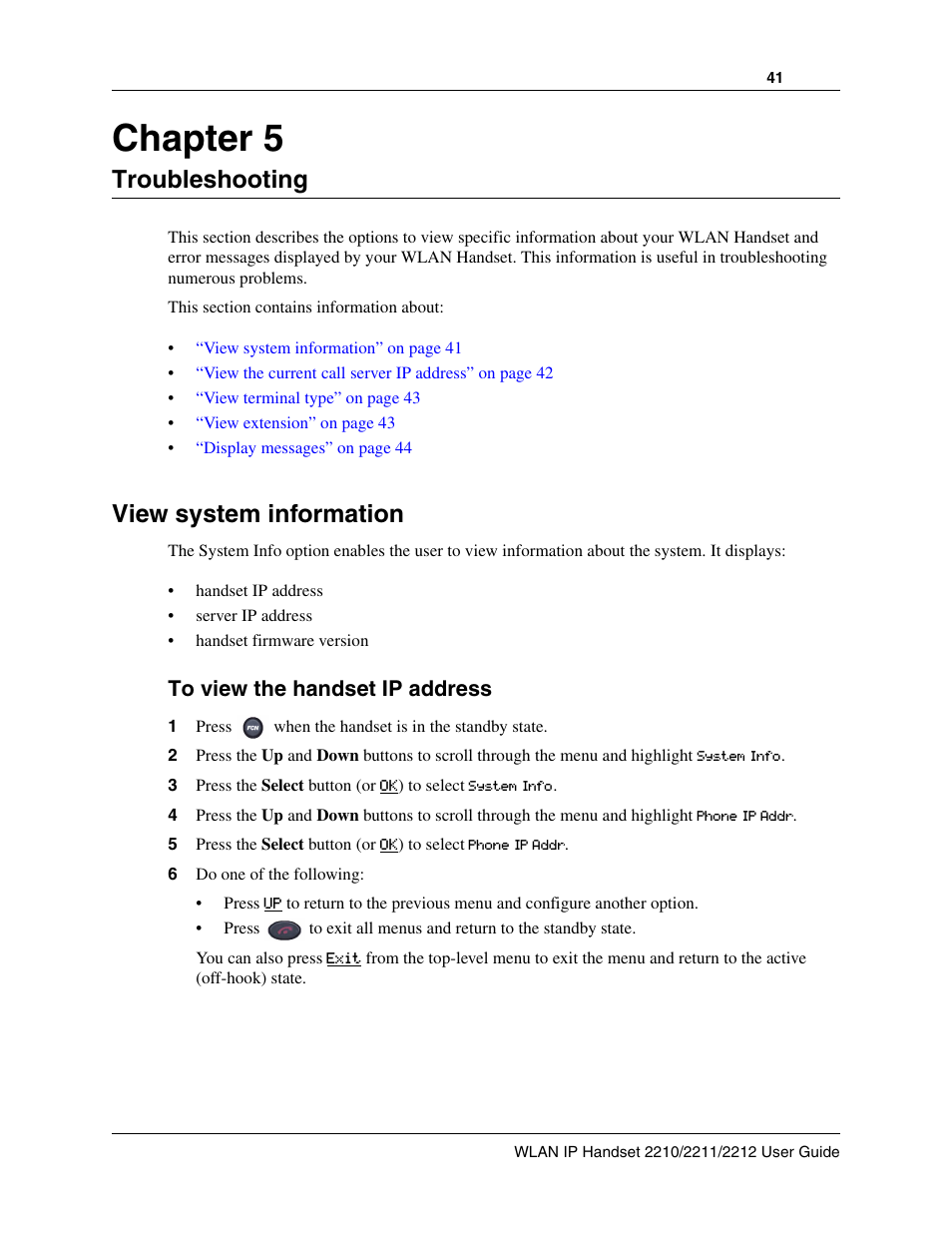 Troubleshooting, View system information, To view the handset ip address | Chapter 5 troubleshooting, Chapter 5 | Nortel Networks 2212 User Manual | Page 41 / 61